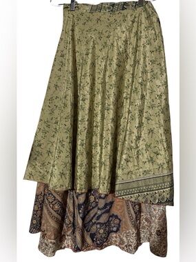 Mandala Boho Reversible Dbl-Layered Silk Blend Sari Wrap Skirt One Size EUC